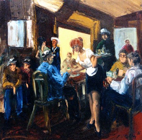Le café du port - Huile sur toile - 100 x 100 cm - Francis Kuhlen