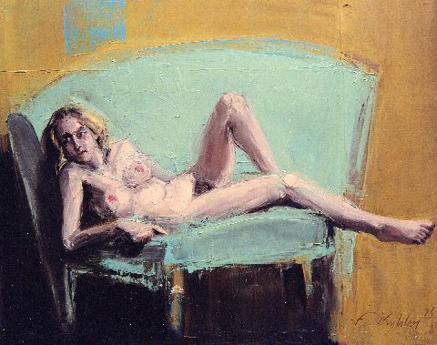 La femme au canapé vert - Huile sur toile - 73 x 92 cm - Francis Kuhlen