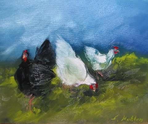 Les poules - Huile sur toile - 46 x 55 cm - Francis Kuhlen
