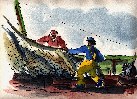 Les pêcheurs - Aquarelle - 41 x 33 cm - Francis Kuhlen