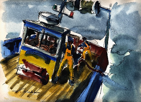 Les pêcheurs - Aquarelle - 41 x 33 cm - Francis Kuhlen
